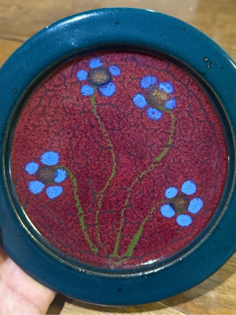 VTG Wally Schwab Studio Art Pottery Plate 7” Oregon Mid Century Blue Flowers